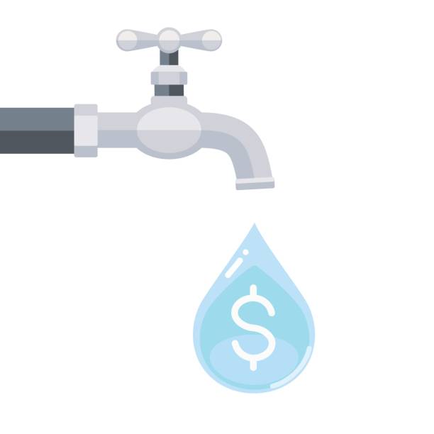 illustrazioni stock, clip art, cartoni animati e icone di tendenza di rubinetto dell'acqua con simbolo del dollaro all'interno della goccia d'acqua isolata su sfondo bianco - economize