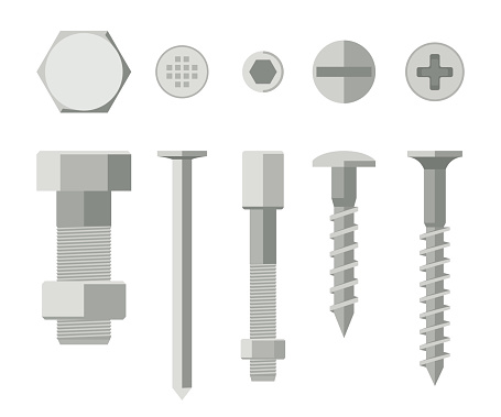 Screws and bolts in flat style. Vector illustration of metallic fixing elements.