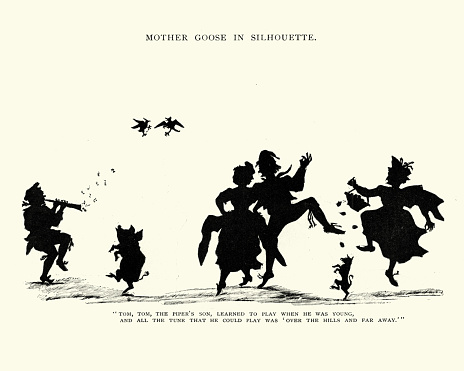 Vintage engraving of a Silhouette from the story of Mother Goose. Tom, Tom the piper's son, learned to play when he was young, and all the tune that he could play was over the hills and far away.