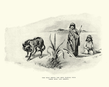 Vintage engraving of the wolf meeting the boys playing with their bows arrows
