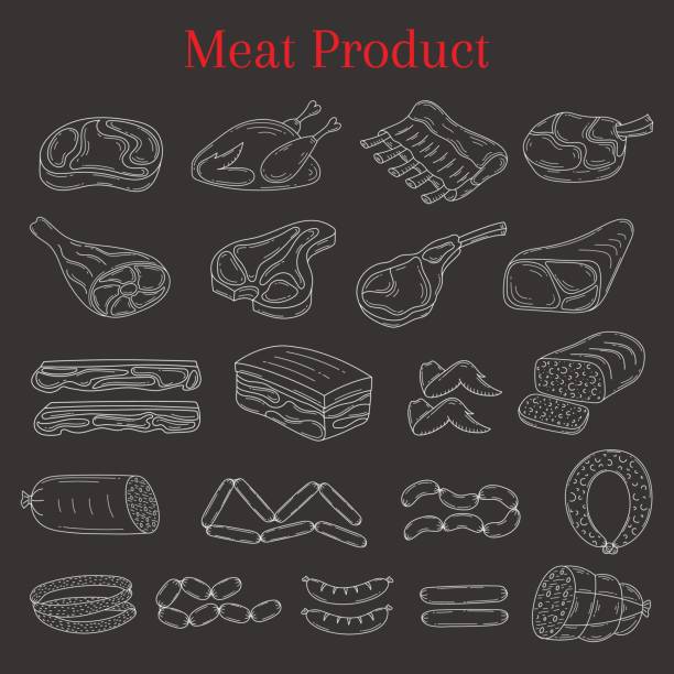 Vector illustration with different kinds of meat Vector illustration with different kinds of meat beef steak, lamb chop, pork, chicken and sausages, doodle sketch style, isolated on chalkboard background. roasted prime rib illustrations stock illustrations