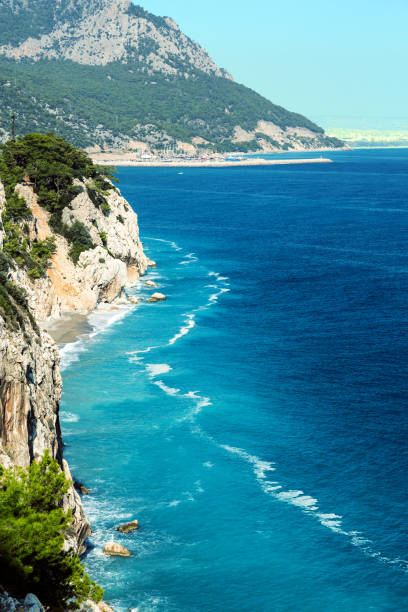 ocean coast line top view rocce surf e foresta - turkey mediterranean sea mediterranean countries vacations foto e immagini stock