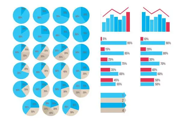 Vector illustration of Percentage vector infographics. 10 15 20 25 30 35 40 45 50 55 60 65 70 75 80 85 90 95 percent pie chart symbols. Graphic of growth, fall, arrows. Illustration for business, marketing project, web design