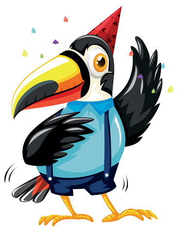 Toucan bird wearing party hat illustration