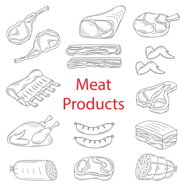 Meat products vector sketch illustration Meat products vector sketch illustration, beef steak, lamb chop, pork, roast chicken, bacon, chicken wings, ribs and sausages, isolated on white background, doodle style. roasted prime rib illustrations stock illustrations