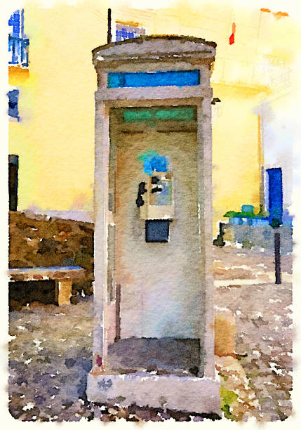 Digital watercolor painting of a Portuguese public telephone box on a sloped stone ground. With space for text.