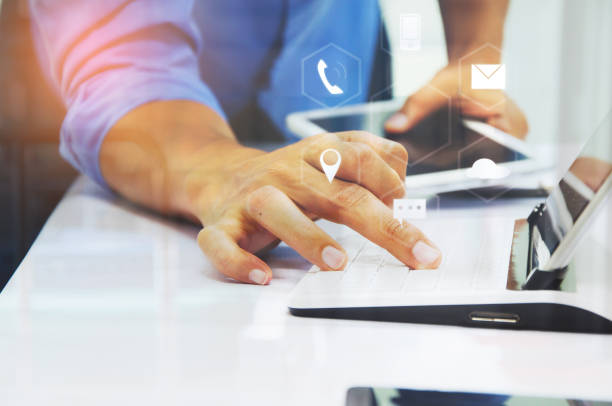 istock Businessman working at office. Digital tablet laptop computer smart phone 655442462