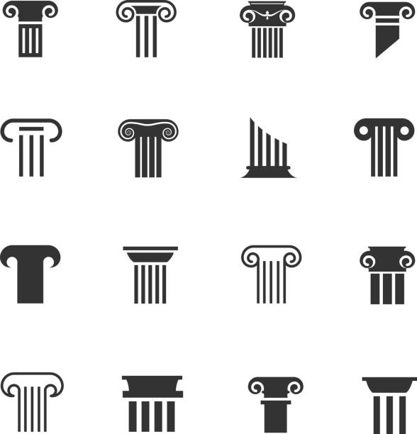 ilustrações, clipart, desenhos animados e ícones de ícones de coluna grega e romana antiga. placas brancas do pilar arquitectónico vector preto - column greek culture roman architecture