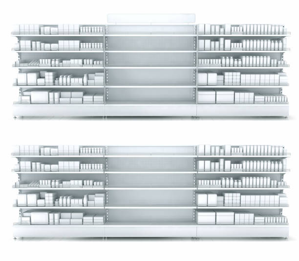 Blank supermarket products on shelves and pegboard. Front view