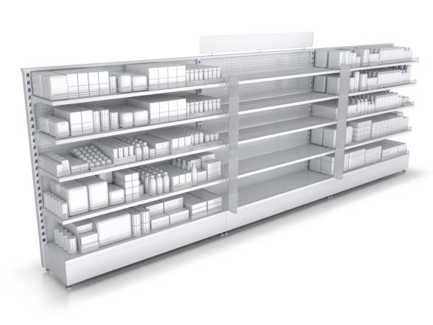 istock Blank supermarket products on shelves and pegboard. Front view 655442976