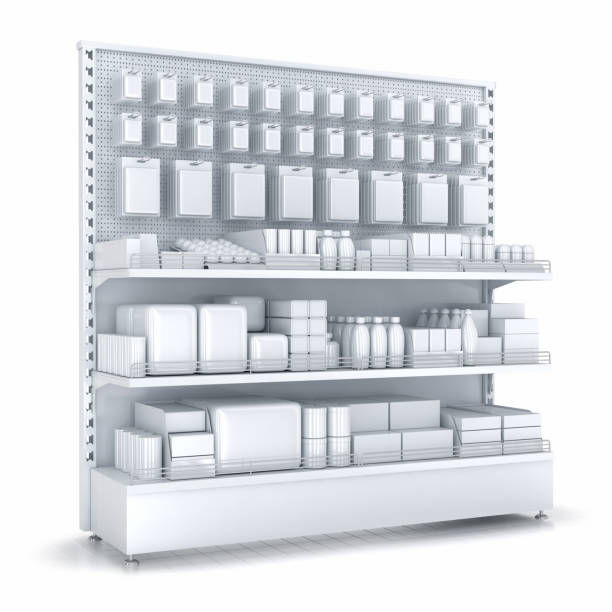 istock Blank supermarket products on shelves and pegboard. Front view 655443024