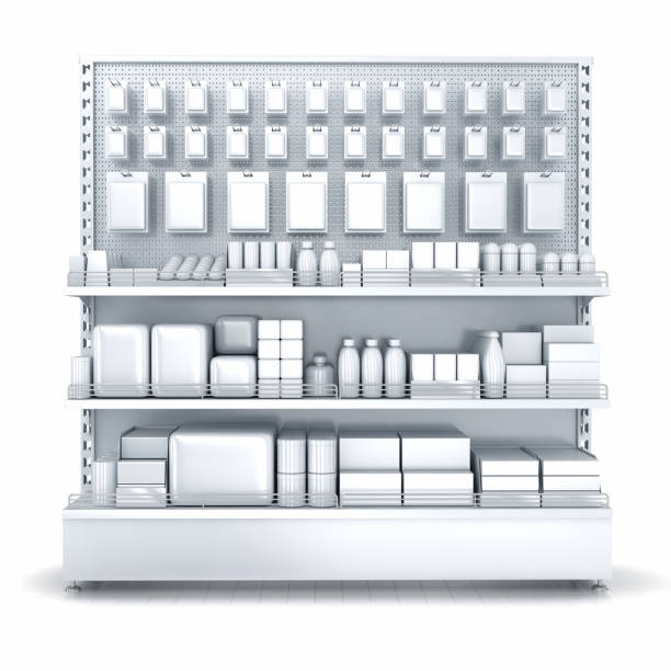 Blank supermarket products on shelves and pegboard. Front view