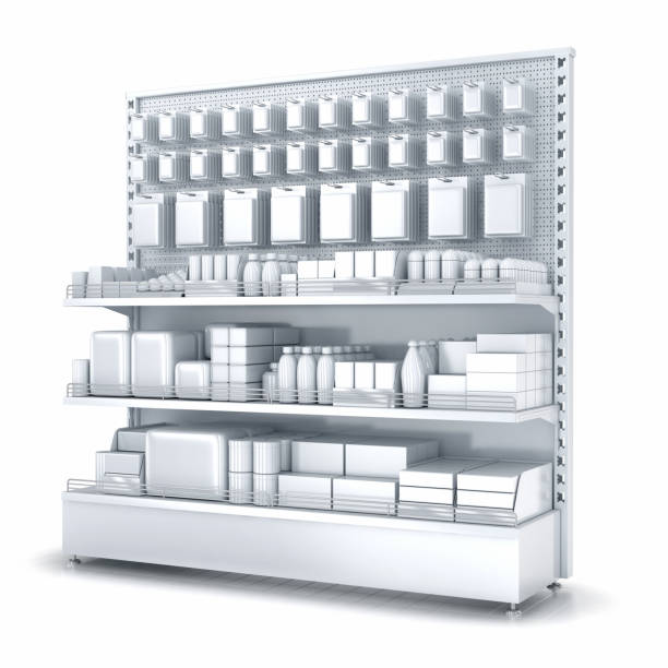 istock Blank supermarket products on shelves and pegboard. Front view 655443038