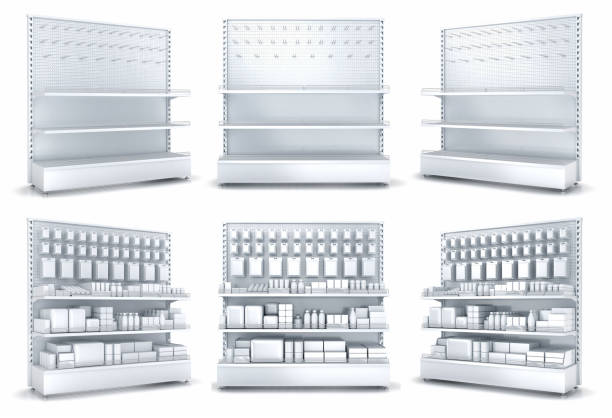 istock Blank supermarket products on shelves and pegboard. Front view 655443042