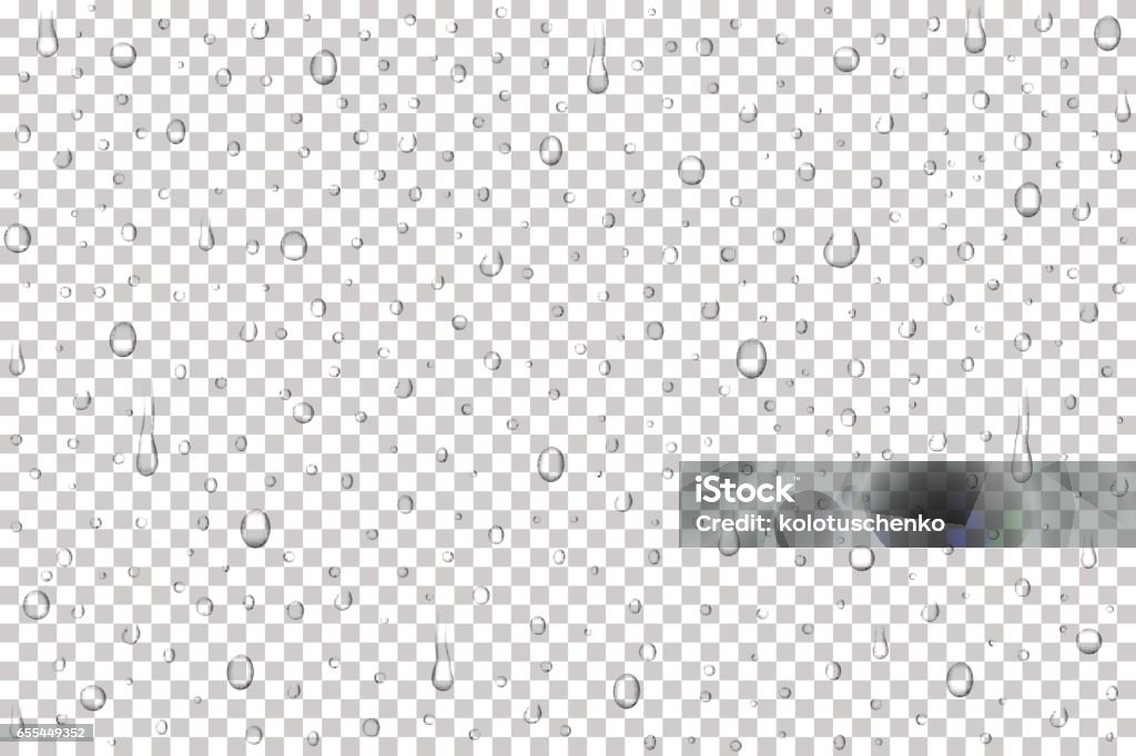 Vector realistic water drops on transparent background. Vector realistic water drops on transparent background. Rain drops without shadows for transparent surface. Many forms and sizes. Drop stock vector