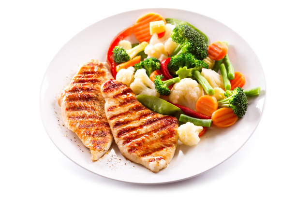istock plate of grilled chicken with vegetables on white background 655449366