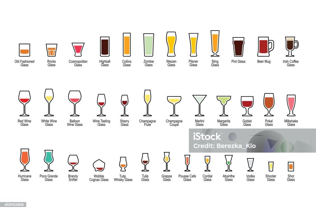 Bar la verrerie avec titres, icônes de couleur définies - clipart vectoriel de Verre à cocktail libre de droits