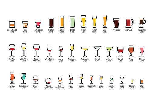 Bar glassware with titles, color icons set, vector illustration.