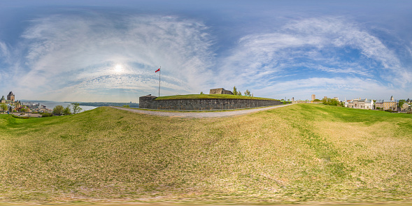 360 degree seamless panorama overlooking Quebec City and the St LAwrence river from the Plains of Abraham just outside the walls of the Citadel