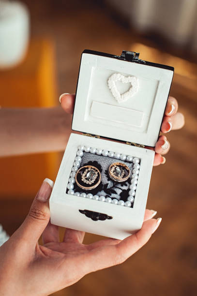 istock bridesmade holding a white box with wedding rings 655458586