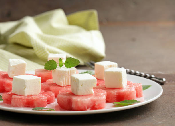 istock Appetizer soft feta cheese and sweet watermelon 655471530