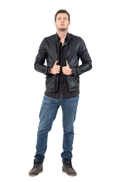 istock Confident handsome man posing in black leather jacket looking at camera 655474946