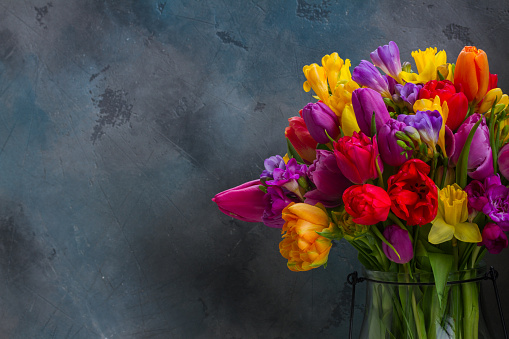 Colorful tulips in beautiful bloom flower bouquet of fresh various tulips