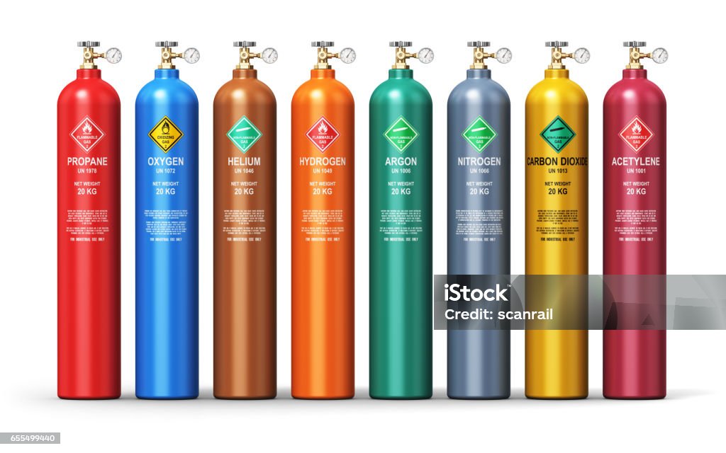 Set of different industrial liquefied gas containers Creative abstract fuel industry manufacturing business concept: 3D render illustration of the set of color metal steel containers or cylinders with different liquefied compressed natural gases LNG or LPG with high pressure gauge meters and valves isolated on white background Gas Stock Photo