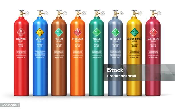 Set Of Different Industrial Liquefied Gas Containers Stock Photo - Download Image Now