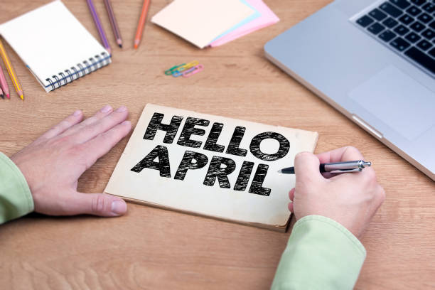 istock Hello april. Office desk with a laptop and stationery 655500040
