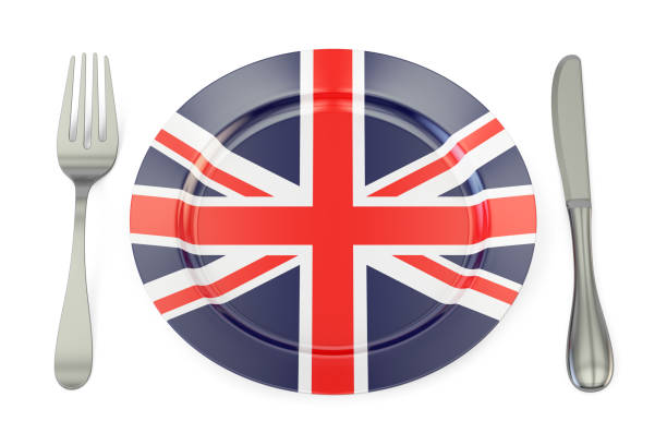 istock Britain cuisine concept, UK flag on a plate with fork and knife. 3D rendering 655510262