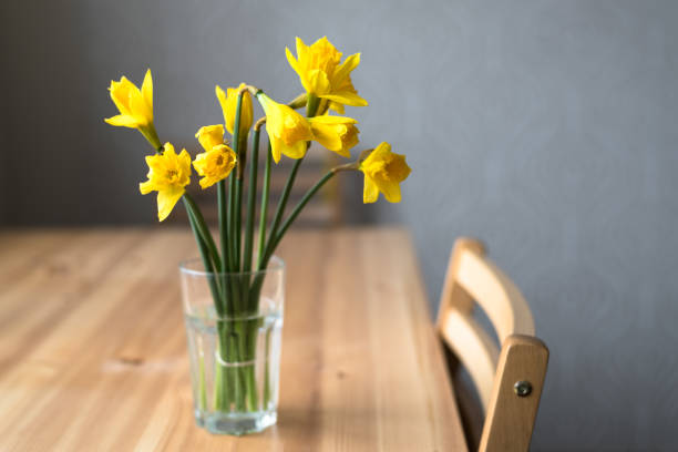 木製のテーブルの上にガラスに水仙の��花束 - daffodil flower yellow vase ストックフォトと画像