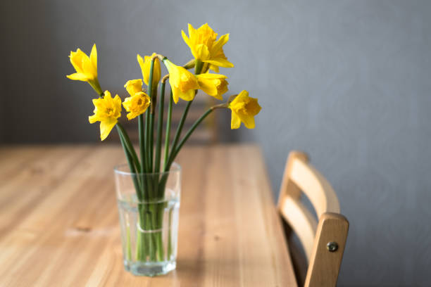 bouquet of narcissus in glass on wooden table - leaf flower head bouquet daffodil imagens e fotografias de stock
