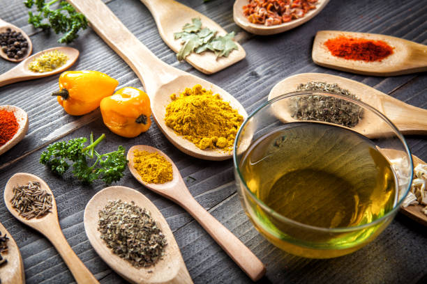 istock Various spice on wooden spoons with herbs 655516716