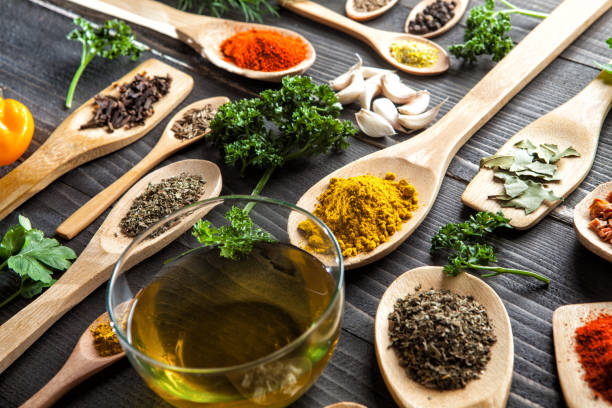 istock Various spice on wooden spoons with herbs 655516754