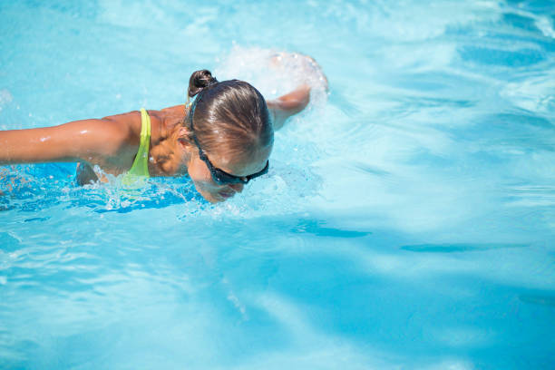 istock Pretty female swimmer in a pool 655516786