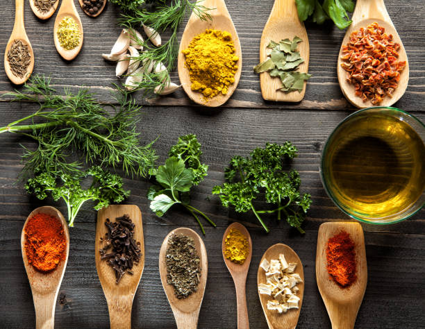 istock Various spice on wooden spoons with herbs 655516788