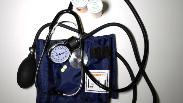 istock Sphygmomanometer and heart medication background 655517252