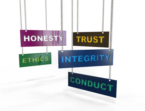 Integrity Trust Ethics hanging word on chain Integrity Trust Ethics hanging word on chain responsible business photos stock pictures, royalty-free photos & images