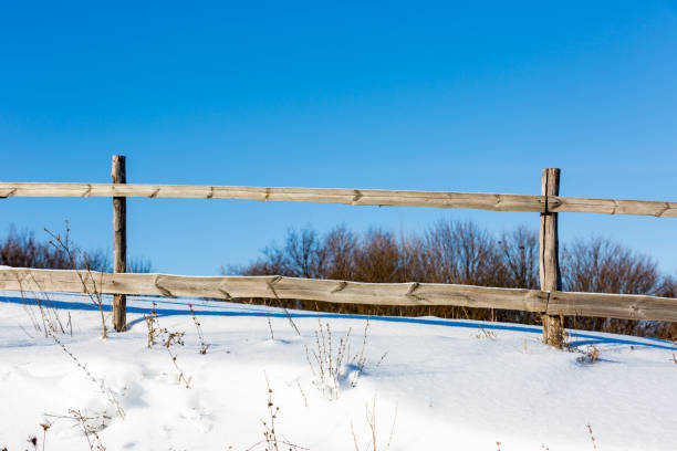 istock wooden fence on winter meadow 655528364