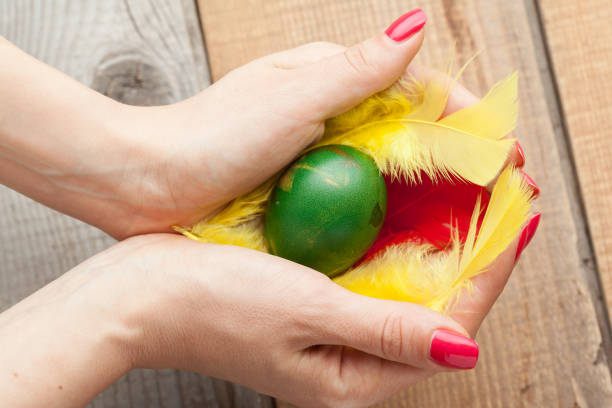 istock Woman holding easter egg and colored feathers on a wooden table 655529210