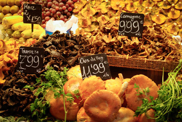 Market stall full of different kinds of mushrooms