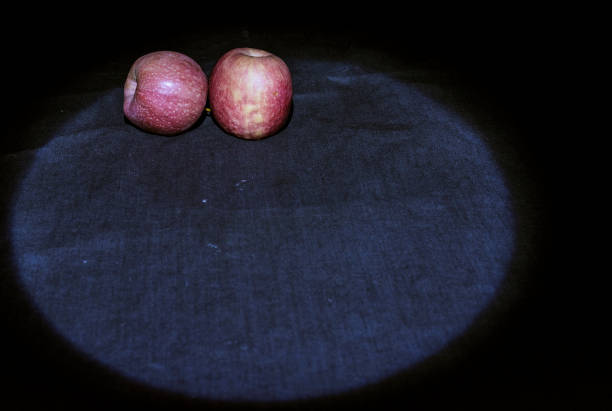 Pair of Pink Lady apples darkness illuminated by un LED light beam.