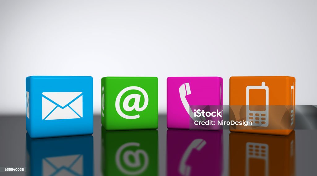 Website Contact Us Icons Website and Internet contact us icons on colorful cubes 3D illustration. Contact Us Stock Photo