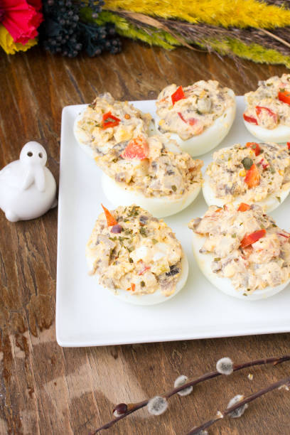 istock stuffed eggs with peppers, mushrooms and herbs - selective focus 655540378