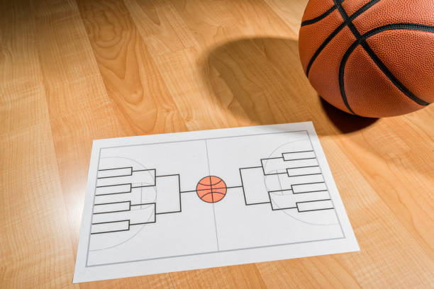 Blank college basketball tournament bracket on paper A college basketball tournament bracket on a legal size piece of paper that has not been filled out, sitting on a basketball court with a basketball sitting next to it. This bracket is for a 16 team single elimination tournament, winner take all,  which typically happens in March every year in the US between college basketball teams and many people gamble on the series. college basketball court stock pictures, royalty-free photos & images