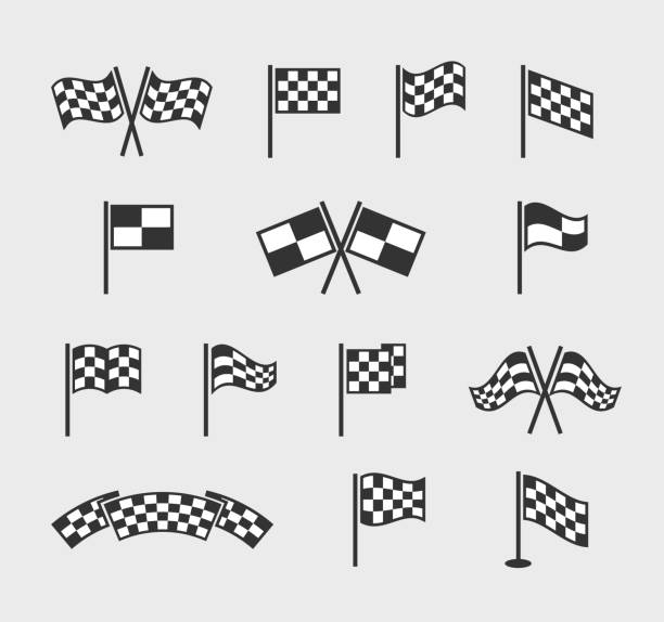 Checkered vector flags. Racing waving finish and start line flag set isolated on white background Checkered vector flags. Racing waving finish and start line flag set isolated on white background. Flag finishing for motocross competition illustration finish line stock illustrations