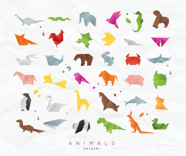 Animals origami set color Set of animals color origami snake, elephant, bird, seahorse, frog, fox, mouse, butterfly, pelican, wolf, bear, rabbit, crab, shark, horse, fish, parrot, monkey, pig, turtle, penguin, giraffe, cat, panda, kangaroo on crumpled paper background origami stock illustrations