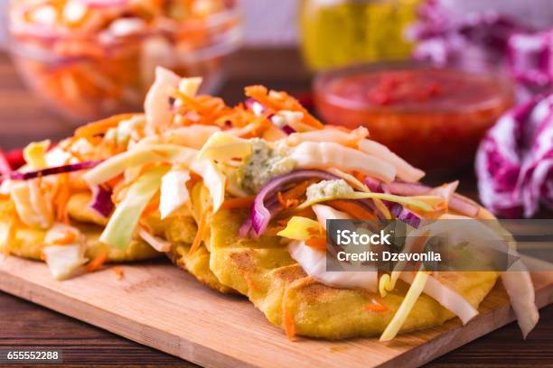 Pupuseria Pupusa Corn Flour Tortillas With Cheese And Beans Stock Photo - Download Image Now