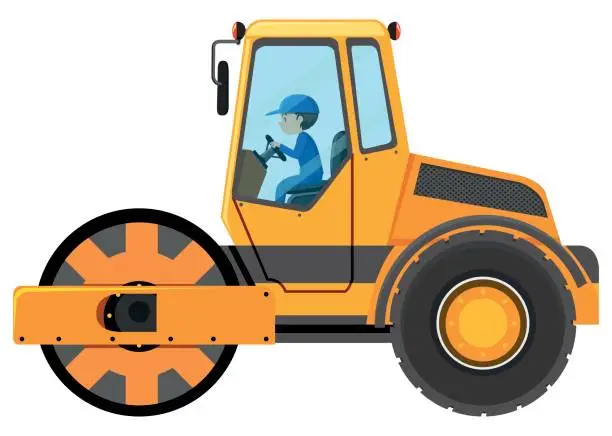 Vector illustration of Man driving road roller